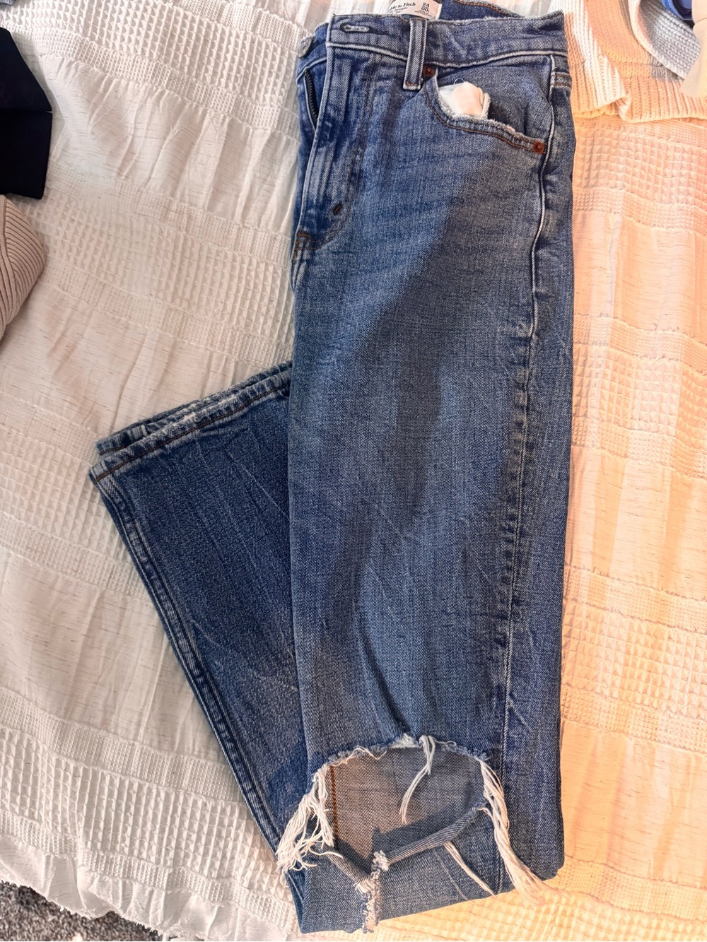 Abercrombie & Fitch Medium Blue Straight Leg Jeans with Frayed Hem
